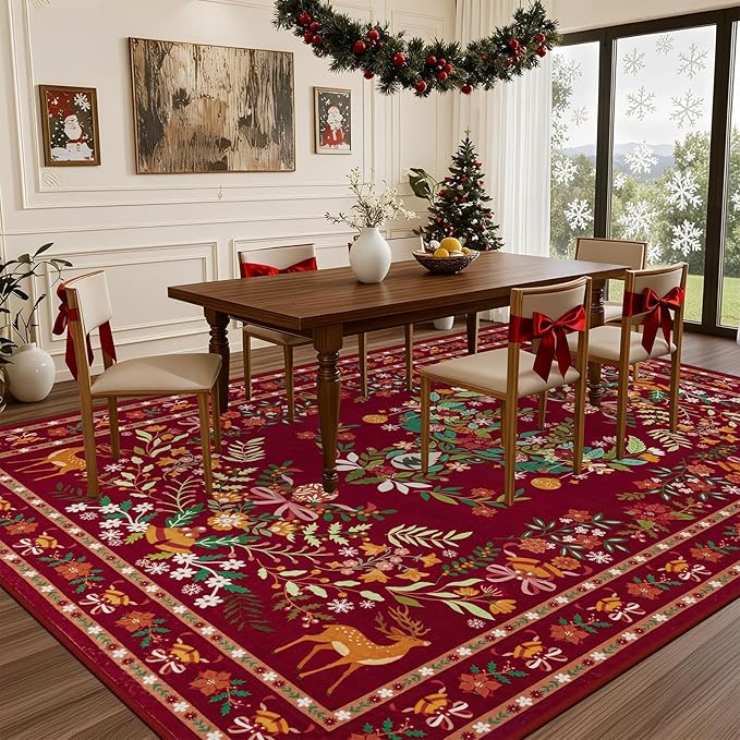 9x12 Area Rugs Living Room Rug: Christmas Washable Rug Floral Soft Carpet Indoor Floor Non-Slip Boho Stain Resistant Large Carpets for Bedroom Kids Nursery Dining Room Farmhouse Home Office Red