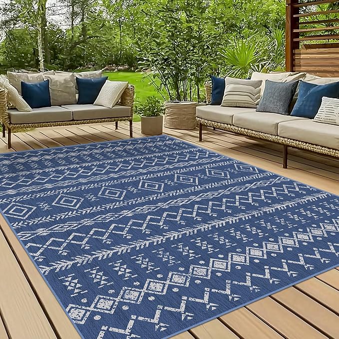 Indoor Outdoor Area Rug Washable Patio Rug Modern Moroccan Geometric Indoor Outdoor Carpet Rug Non Slip Non Shedding for Patio, Deck, Backyard, Porch (8x10)