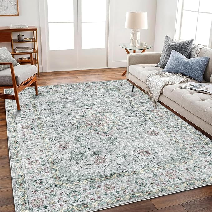 Area Rug 5'x7' Washable Rug Vintage Traditional Floor Cover Thin Retro Kitchen Indoor Distressed Non Slip Carpet for Living Room Bedroom Dining Room