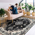 MUJOO Boho Rug 4'x6.5',Black Area Rugs for Bedroom Living Room Dining Room,Machine Washable Non Slip Carpet Vintage Bohemian Distressed Farmhouse,Floral
