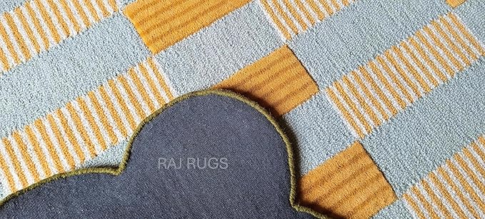 Handmade Scalloped Wool Area Rug - Modern Geometric Pattern, Green-Beige Stripes, Checkered Chevron Design - Soft, Durable Thick Carpet for Living Room, Bedroom (Gold, 9' x 12')