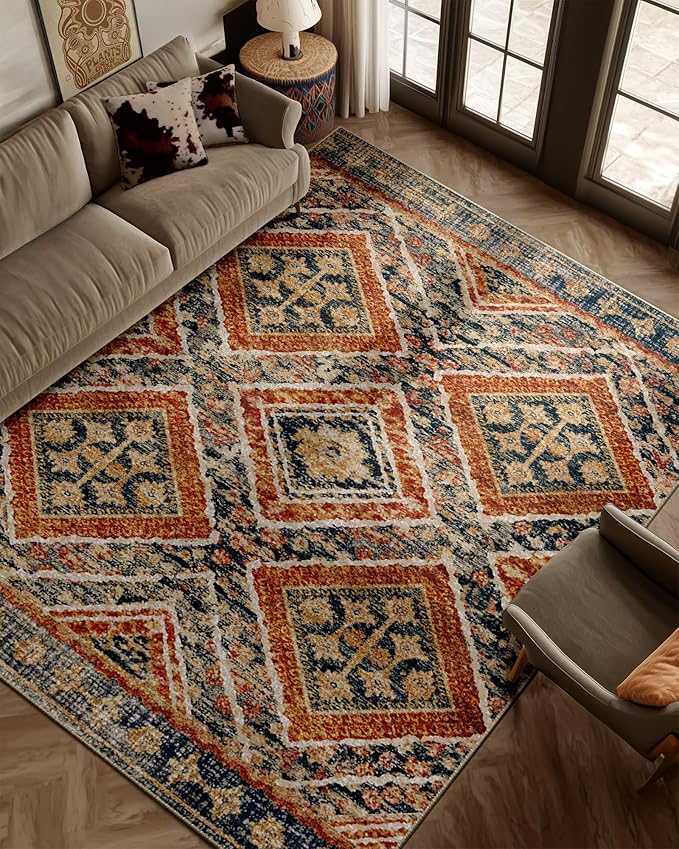 Area Rug 5x7 Rug Machine Washable Non-Slip Low Pile Print Pattern Fall Rug for Living Room Bedroom Entryway Tribal Series -Orange/Brown