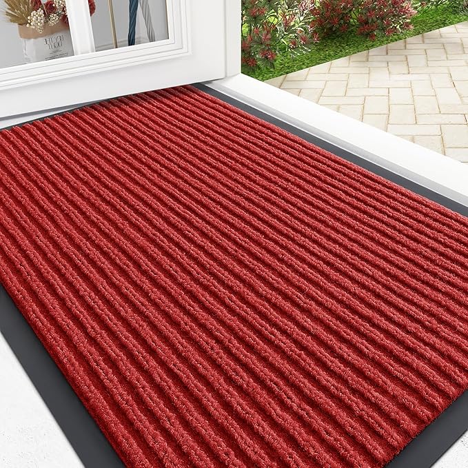 OLANLY Front Door Mat Indoor Outdoor Entrance, Waterproof Heavy Duty Doormat, Fade Resistant, Low Profile, Easy Clean Patio Porch Welcome Floor Mats for Entry, 33x21, Red