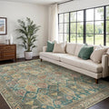 Bavni Washable Rug 5x7 Area Rug for Living Room Bedroom Dining, Washable Vintage Print Carpet, Ultra-Thin Low Pile Lightweight Rug with Non Slip Backing, Multi Green