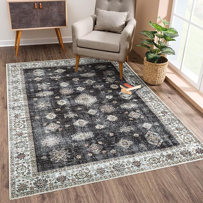Bloom Rugs Washable Non-Slip 4' x 6' Rug - Black/Ivory Traditional Area Rug for Living Room, Bedroom, Dining Room, and Kitchen - Exact Size: 4' x 6'