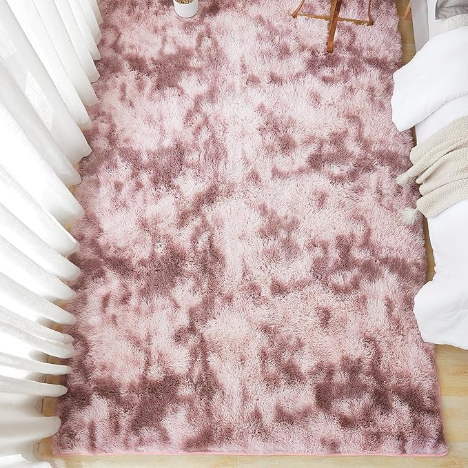 Andency 6x9 Area Rugs, Large Shag Fluffy Soft Shaggy Rugs for Living Room Bedroom, Non-Slip Tie-Dyed Dusty Pink Thick Plush Carpet for Kids Girls and Boys, Dorm Nursery Home Decor Aesthetic