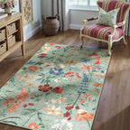 Green Area Rug 3x5 Office Floral Boho Door Mat Indoor Washable Kitchen Carpet Non Slip Bedroom Low Pile Lightweight Soft Throw Rug for Living Dining Room Bathroom
