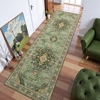 Deerly Green Runner Rug 3x10 Boho Washable Extra Long Rug for Hallway, Waterproof Large Kitchen Floor Rug, Non-Slip Stain & Fade Resistant, Vintage Floral Decor