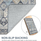 Bavni Washable Rug 8x10 Area Rug for Living Room Bedroom Dining, Washable Vintage Print Carpet, Ultra-Thin Chenille Low Pile Lightweight Rug with Non Slip Backing, Blue
