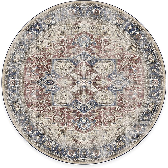 RUGGABLE Washable Vintage Area Rug – Kamran Royal Blue 6 ft Round, Stain-Resistant, Non-Slip – Medium Machine Washable Rugs for Living Room, Bedroom, Hallway, Entryway & Office–with Cushioned Pad