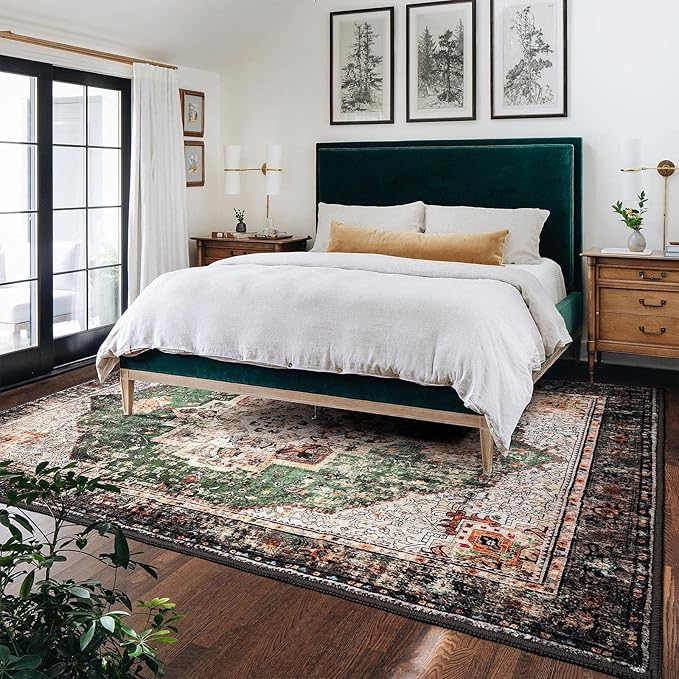 8x10 Area Rug - Green Boho Washable Vintage Low Pile Non-Slip Large Rug for Living Room, Bedroom & Dining Room