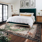 8x10 Area Rug - Green Boho Washable Vintage Low Pile Non-Slip Large Rug for Living Room, Bedroom & Dining Room