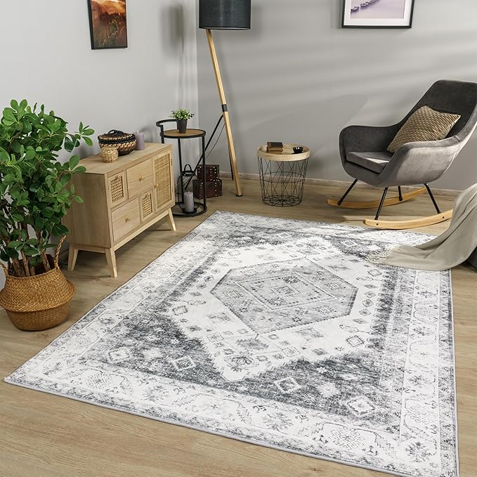 Paco Home Oriental Area Rug with Faded Vintage Look in Grey, Size: 6'7" x 9'2"