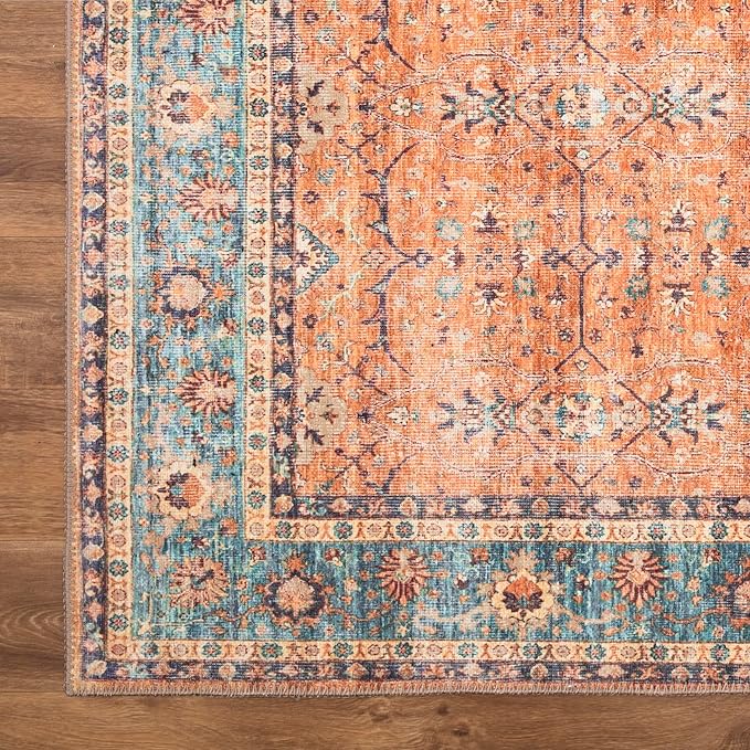Bloom Rugs Washable Non-Slip 4' x 6' Rug - Orange/Teal Blue Traditional Bordered Area Rug for Living Room, Bedroom, Dining Room, and Kitchen - Exact Size: 4' x 6'