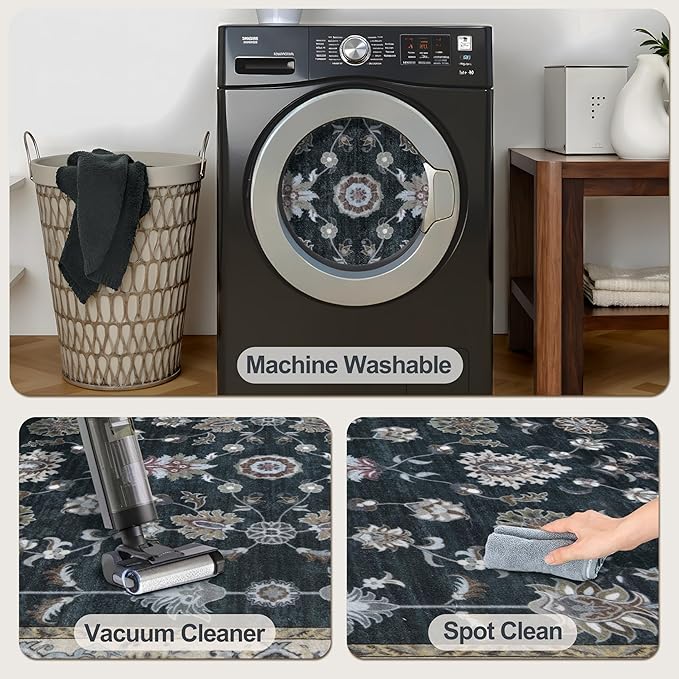 Tangsoo Vintage Floral Black 2x3 Washable Rugs for Entryway, Small Area Non-Slip Vintage Rug for Front Door, Brown Accent Rug Doormat, Soft Low Pile Rugs for Indoor Entrance Kitchen