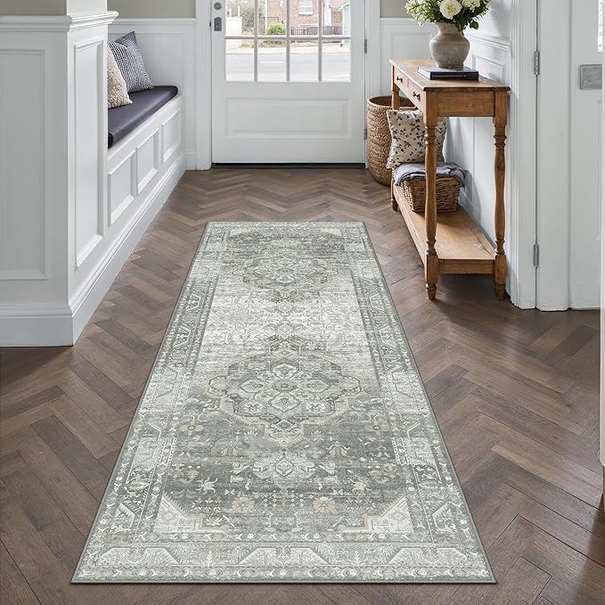 2x6 Grey Washable Vintage Runner Rug for Living Room Bedroom Non Slip Distressed Traditional Soft Runner Rug Low Pile Lightweight Floral Runner Kitchen Hallway Entrance