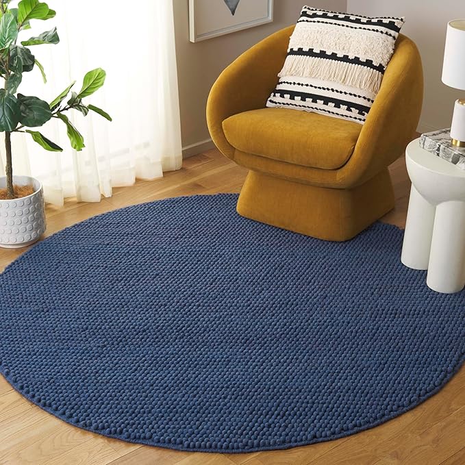 SAFAVIEH Natura Collection Area Rug - 8' Round, Navy & Blue, Handmade Wool Blend, Textured Design, Ideal for Living Room, Bedroom, Dining Space (NAT620M)