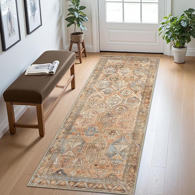 Bavni Washable Rug 8x10 Area Rug for Living Room Bedroom Dining, Washable Vintage Print Carpet, Ultra-Thin Low Pile Lightweight Rug with Non Slip Backing, Sunset Yellow