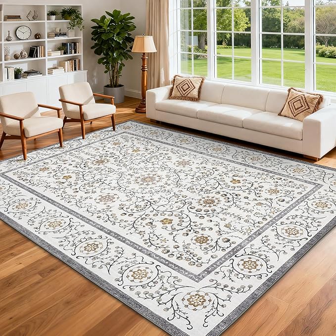 GarveeHome Boho 5x7 Area Rug for Bedroom, Floral Vintage Rugs for Living Room with Soft Low Pile, Non Slip Botanical Washable Rugs 5x7 for Dining Room Grey Carpet for Entryway Dorm Office Playroom