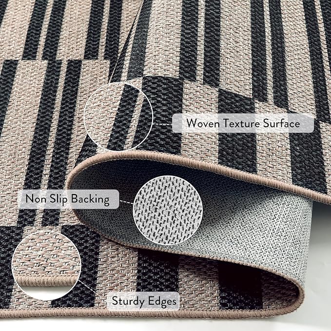 Lahome Striped Easy Jute Carpet, 8x10 Living Room Rugs Indoor Outdoor Patio Dining Room Rug, Farmhouse Non Slip Non Shedding Non Shedding Black Carpet for Deck Backyard Mudroom