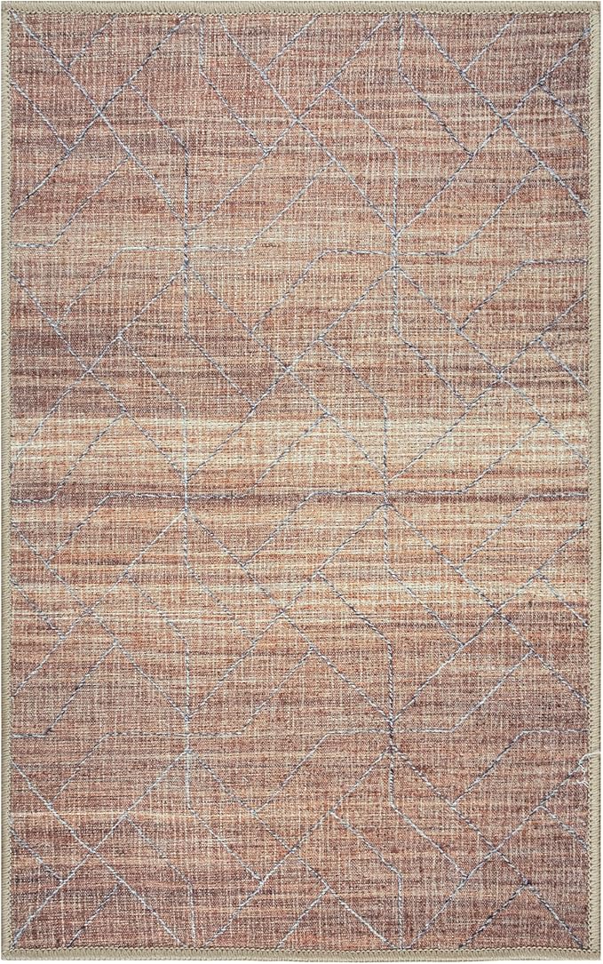 GLN Rugs Contemporary Collection - Machine Washable Area Rug, Contemporary Washable, Non Slip, Low Pile Chenille Rug, Living Room, Bedroom, Kitchen Rug (2' x 3' Terra/Brown)