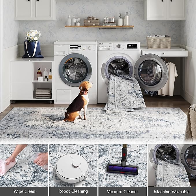 jinchan Runner Rug 3x10 Vintage Hallway Rug Kitchen Washable Runner Retro Floor Cover Lightweight Non-Slip Low Pile Thin Distressed Carpet for Entryway Bathroom Laundry Room Bedroom Stairway Grey