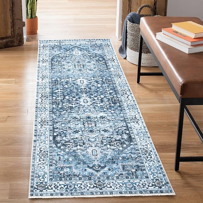 Bloom Rugs Caria Washable Non-Slip 7 ft Runner - Navy Blue Traditional Runner for Entryway, Hallway, Bathroom, and Kitchen - Exact Size: 2'6" x 7'