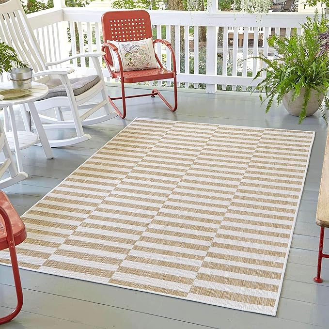 Unique Loom Outdoor Striped Collection Area Rug - Striped (6' 1" x 9' Rectangle, Taupe/Ivory)