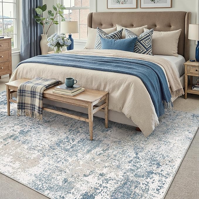 Blue 6x9 Area Rug Washable Modern Abstract Living Room Carpet Non Slip Neutral Low Pile Soft Contemporary Aesthetic Bedroom Large Rug Indoor Office Dining Room Playroom