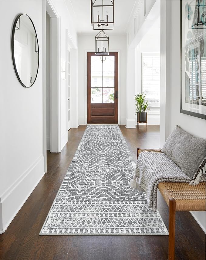 Wonnitar Washable Rug Runner for Kitchen, 2'6"x10' Moroccan Extra Long Runner Rugs for Hallways, Boho Non-Shedding Low Pile Floor Carpet Runner for Entryway Living Room (Silver Grey,2'6"x10')