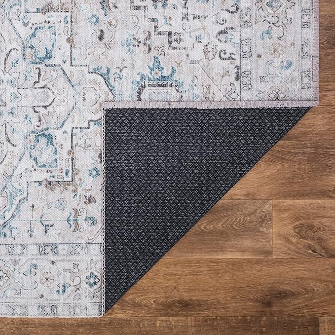 Bloom Rugs Caria Washable Non-Slip 3x5 Rug - Seashell/Teal Blue Traditional Area Rug for Living Room, Bedroom, Dining Room, and Kitchen - Exact Size: 3' x 5'