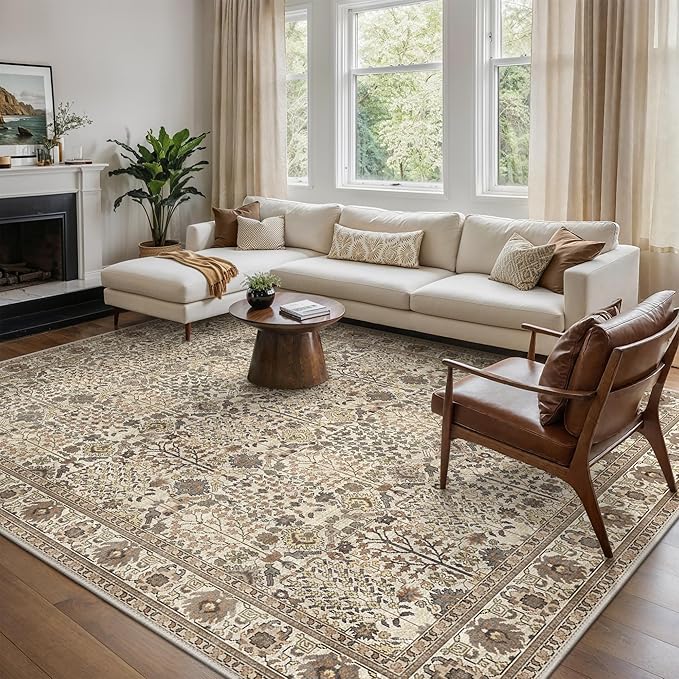 Bavni Washable Rugs 8x10-Machine Washable Rug Lightweight Low Pile, Vintage Floral Rug Non-Shedding Distressed Throw Carpet for Living Room Bedroom Office, Dark Espresso