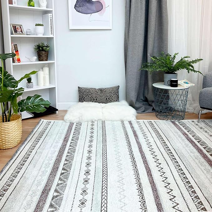 Alfa Rich 5x8 Gray Off White Washable Area Rugs for Living Room Bedroom Kitchen Decor Cotton Rug