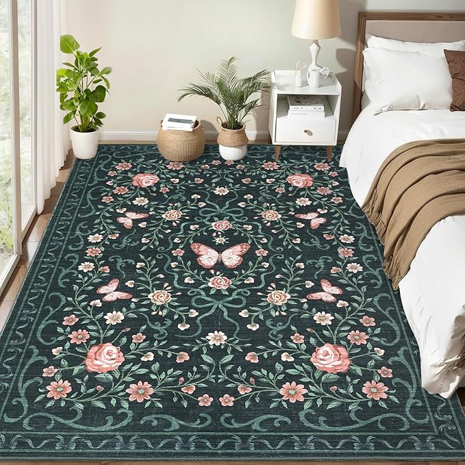 GarveeHome Floral Area Rug 4x6 Entryway Rug Low Pile Bedroom Black Bow Rugs Non Slip Stain Resistant Dining Room Throw Carpet Small Living Room Butterfly Rugs Soft Boho Mats for Kitchen Nursery, 4x6