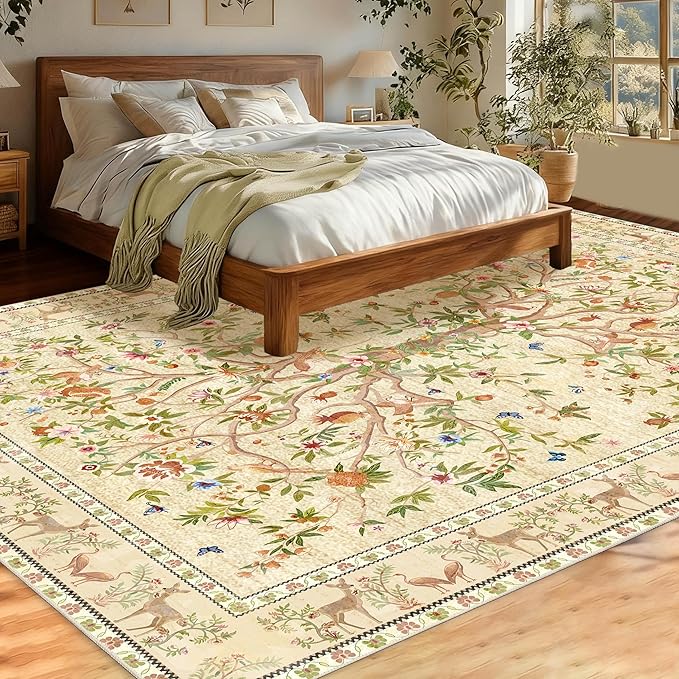 8x10 Area Rugs for Living Room, Machine Washable Non-Slip Carpet, Boho Floral Low Pile Throw Rugs for Bedroom, Dining Room, Office, Nursery, Vintage Home Decor（Beige）