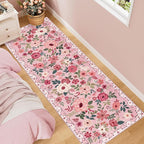 DUKINO 2.6x8 Kitchen Runner Rug for Hallway, Washable Runner Rug with Non Slip Backing, Low Pile Soft Boho Floral Carpet for Hallway, Kitchen, Entryway, Laundry, Bedroom, Pink