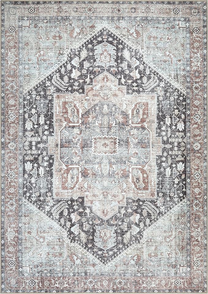 Bloom Rugs Washable Non-Slip 8' x 10' Rug - Charcoal/Brown Traditional Medallion Area Rug for Living Room, Bedroom, Dining Room, and Kitchen - Exact Size: 8' x 10'