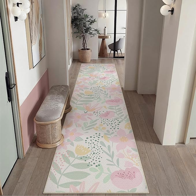 Floral Runner Rug 2x10 Washable Hallway Pink Bedroom Non Slip Cute Long Kitchen Carpet Botanical Indoor Soft Accent Rug for Bathroom Dining Laundry Living Room