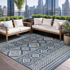 Beverly Rug Waikiki Boho Indoor Outdoor Rug 9x12, Washable Outside Carpet for Patio, Deck, Porch, Bohemian Area Rug, Farmhouse Rugs, Aztec Tribal Rug, Azure and White