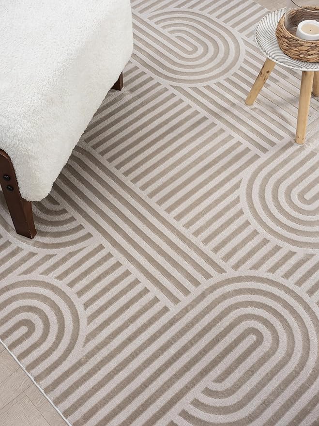 Annabel Modern Geometric Area Rug for Living Room, 8x10 Contemporary Arched Linear Beige Neutral Rug, Stain Resistant Non-Shedding Carpet for Bedroom, Dining Room, Kitchen (8' x 10', Beige)
