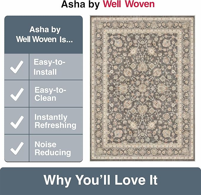 Well Woven Asha Rome Charcoal Brown 7'7" x 9'10" Area Rug - Oriental Floral Pattern, Easy Clean, Floor-Friendly Backing - for Living Room, Bedroom, and Dining Room