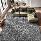 10x14 Washable Area Rugs for Living Room, Black Vintage Boho Large Rug for Bedroom Dining Room Office, Distressed Floral Floor Carpet Soft Non Slip Low Pile Farmhouse Indoor Mat