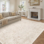 Beige Area Rug 9x12 Machine Washable Large Vintage Living Room Distressed Non Slip Carpet Traditional Indoor Bedroom Retro Floral Accent Throw Rug for Office Kitchen Dining Room