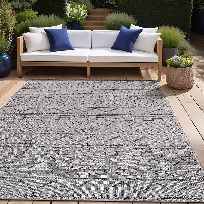 Beverly Rug Waikiki Indoor Outdoor Rug 6x9, Washable Outside Carpet for Patio, Deck, Porch, Trellis Area Rug, Water Resistant, Dark Grey - Light Grey