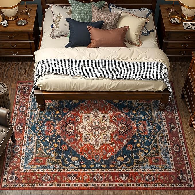YJ.GWL Area Rugs for Living Room 5x7 Machine Washable Rugs, Non Slip Floral Vintage Rug Indoor Carpet, Stain Resistant Large Rug for Bedroom Dining Room, Orange-Red