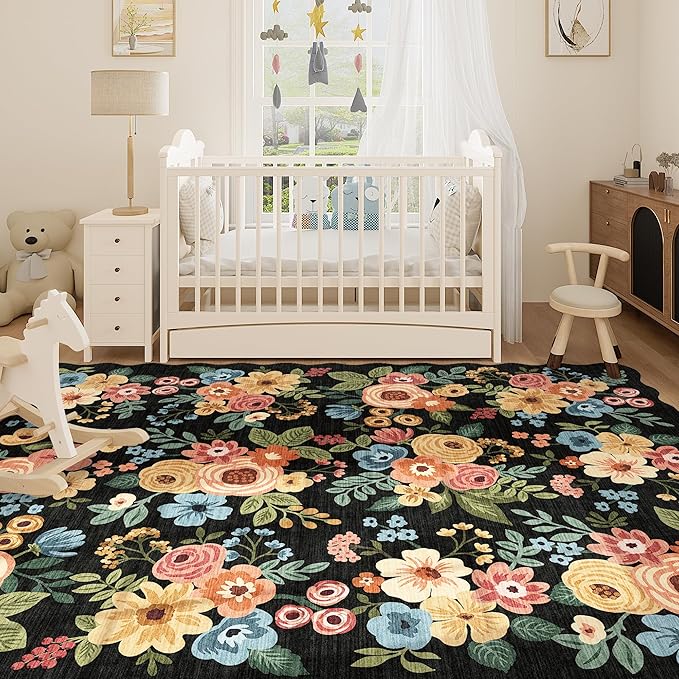 DUKINO 8x10 Area Rug, Floral Washable Rugs for Living Room with Non Slip Backing & Non-Shedding, Lightwight Low Pile Boho Design Large Carpets for Bedroom, Living Room, Dining Room, Black