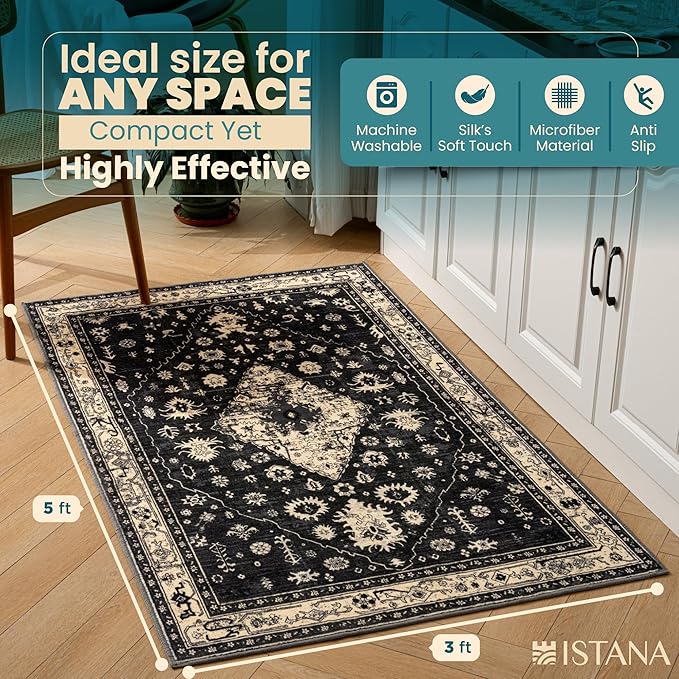 Istana 3x5 Area Rug - Black Modern Rugs for Living Room 3x5 - Foldable Rugs for Bedroom/Living Room Rug - Stain Resistant Washable Rug - Eco-Friendly Small Area Rugs