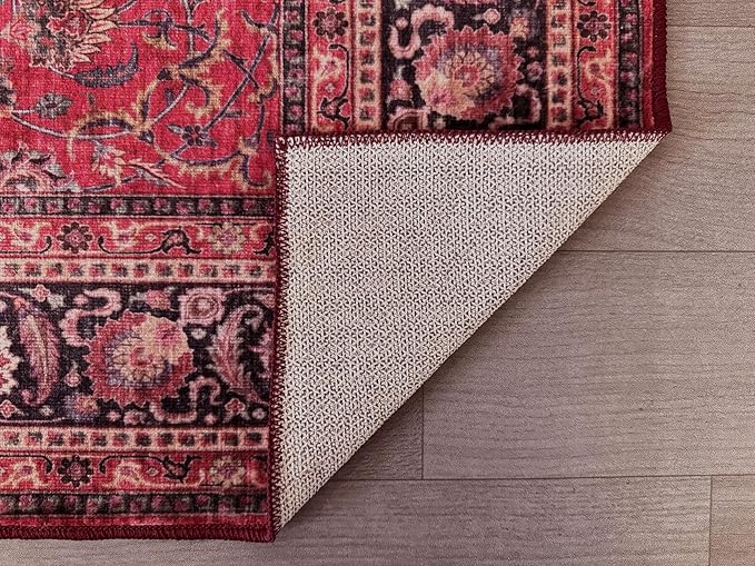 GLN Rugs Traditional Collection - Machine Washable Area Rug, Traditional Washable, Non Slip, Low Pile Chenille Rug, Living Room, Bedroom, Kitchen Rug (3' x 5' Dark Red)