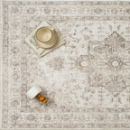 Taupe 8x10 Area Rug Washable Vintage Living Room Carpet Non Slip Retro Distressed Low Pile Soft Oriental Medallion Thin Large Throw Rug for Office Bedroom Dining Room Playroom