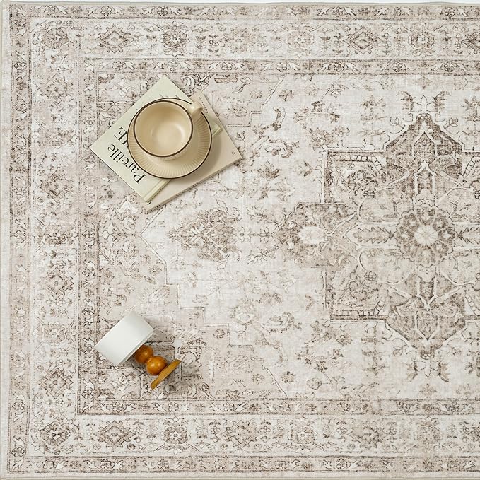 Taupe Area Rug 3x4 Washable Vintage Carpet for Office Kitchen Non Slip Retro Distressed Door Mat Low Pile Soft Oriental Medallion Thin Small Throw Rug Entryway Bedroom Bathroom Dining Room